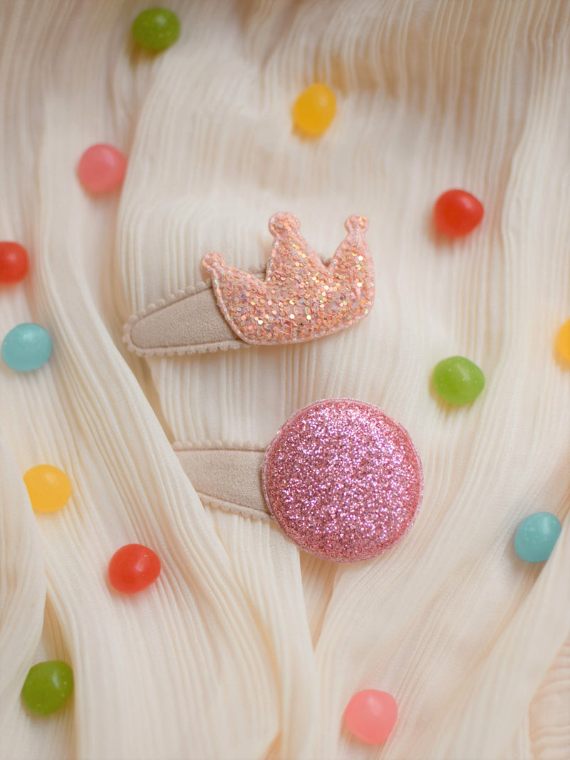 Barrettes couronne & pastille rose